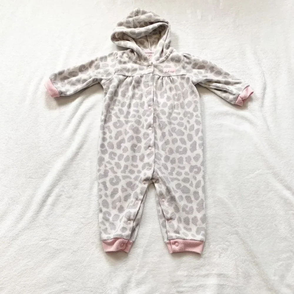 5/$25 Carter's Girl 9M Fleece Hooded Jumpsuit Grey Pink Leopard Print One Piece
